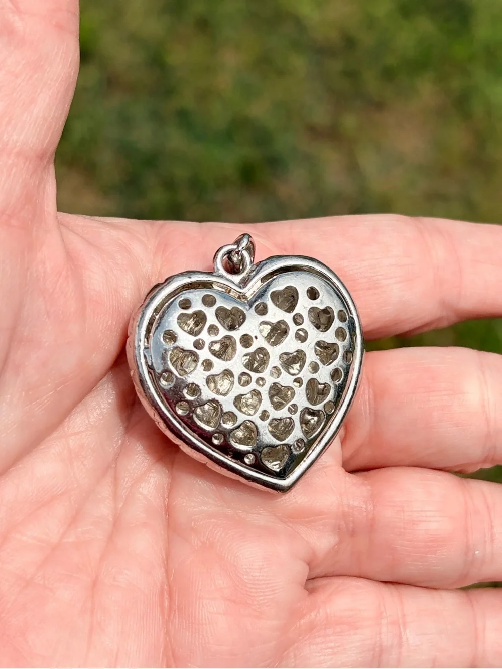 Chunky Silver Plated Heart Quilted Pendant Necklace with Crystal Accents